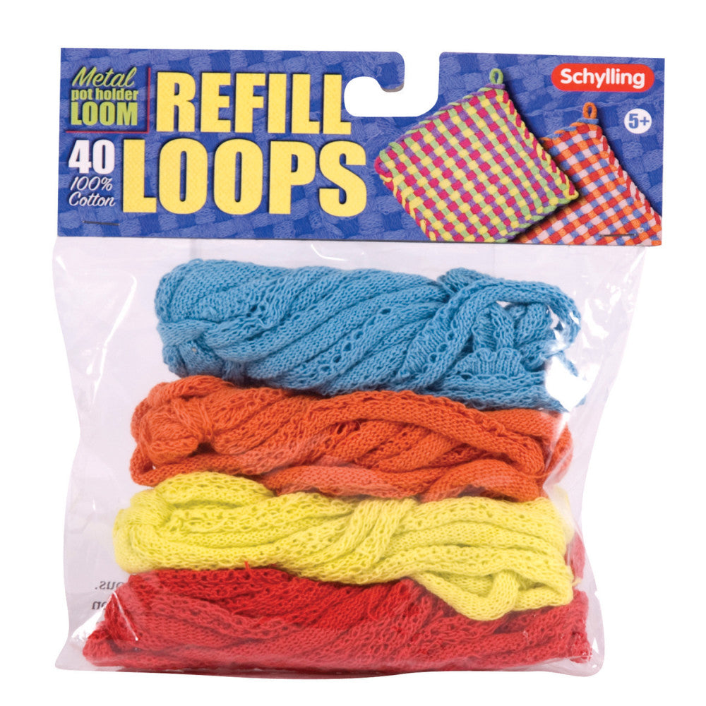 Schylling Cotton Loop Refill Pack for Metal Potholder Loom - Assorted Colors, 40 Loops