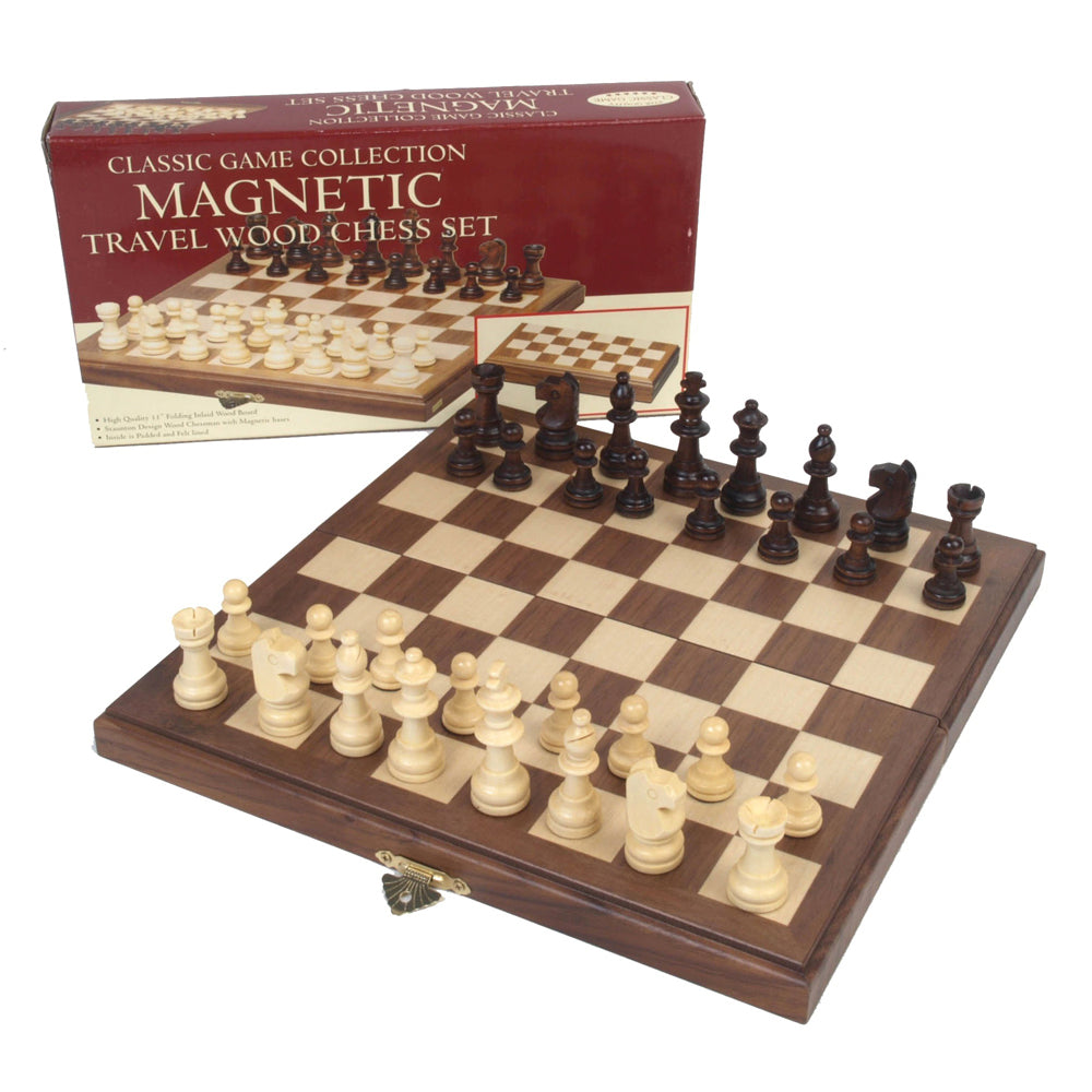 Deluxe Travel Magnetic Walnut Chess Set with Foldable Inlaid Board