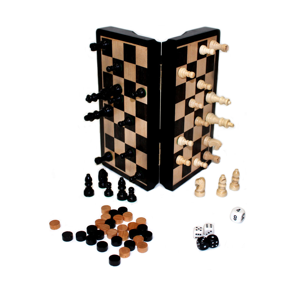 Magnetic 3-in-1 Chess, Checkers, and Backgammon Wood Game Set - 8-inch