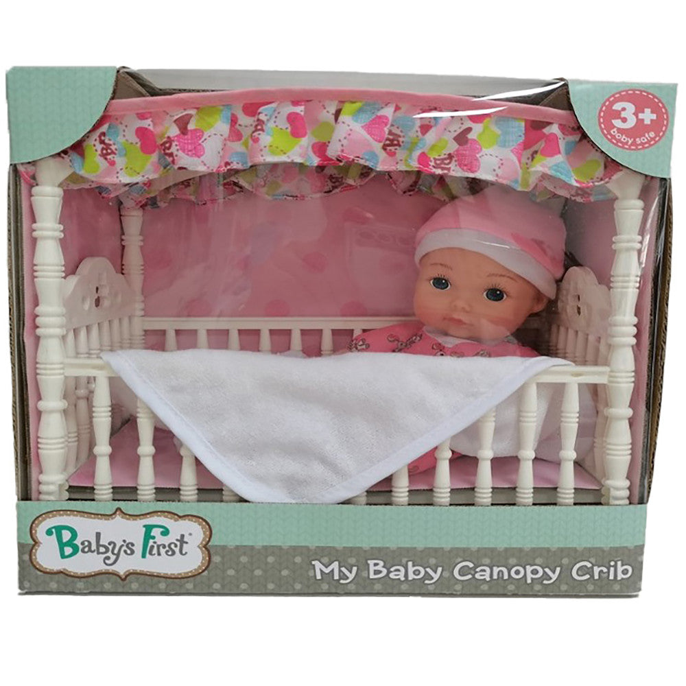 Goldberger Baby's First Deluxe Canopy Crib with 9" Toy Doll Playset