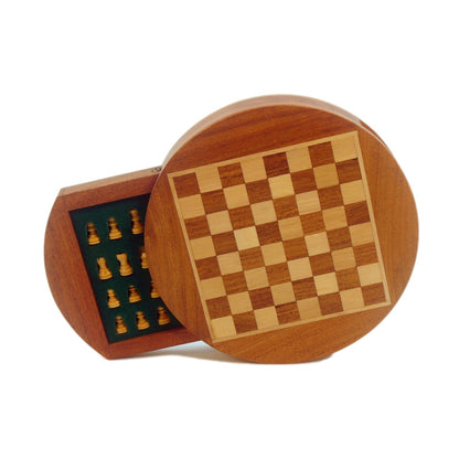 WorldWise Imports 6" Magnetic Round Wood Inlaid Chess Set with Slide Drawer