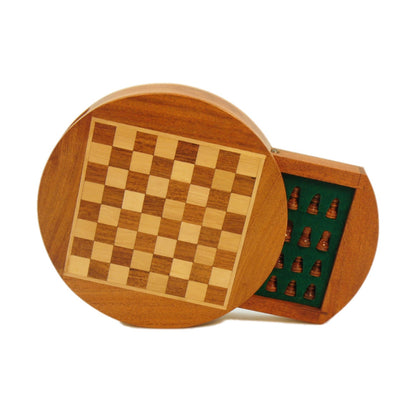 WorldWise Imports 6" Magnetic Round Wood Inlaid Chess Set with Slide Drawer