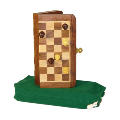 Sheesham & Maple Magnetic Folding Travel Chess Set, 7"x3.5"