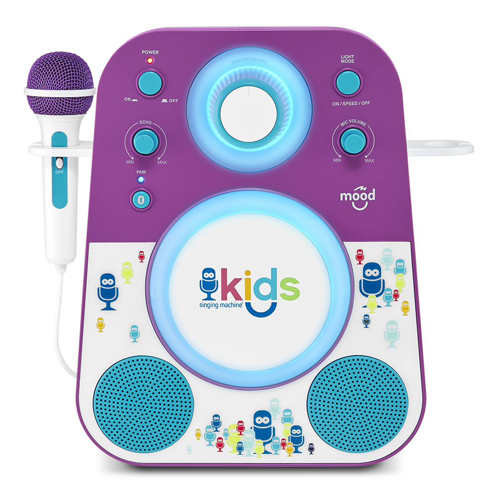 Singing Machine Kids Mood LED Glowing Bluetooth Sing-Along Speaker with Wired Youth Microphone, Purple Blue