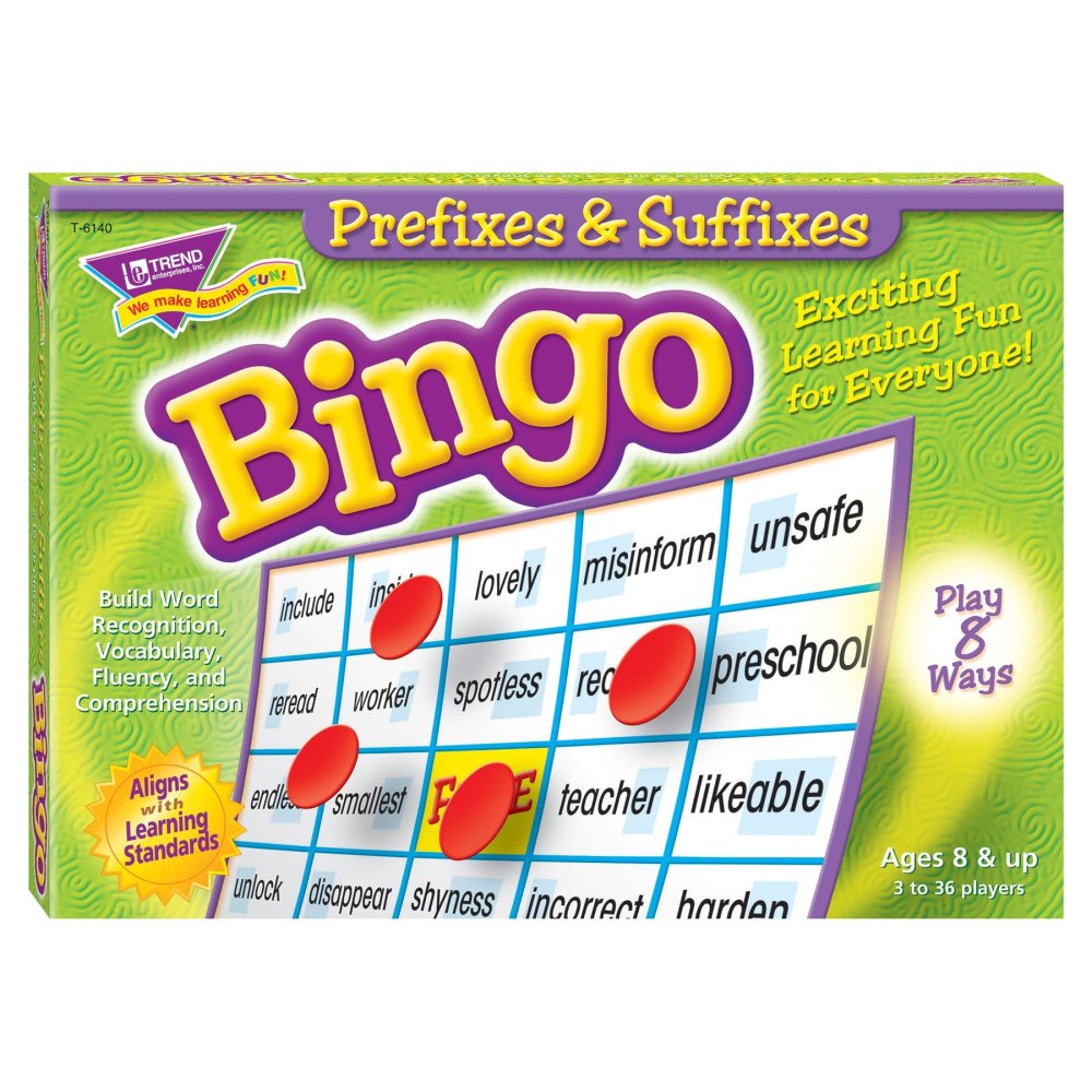 TREND Prefixes & Suffixes Educational Bingo Game - Learning Fun for Ages 8+