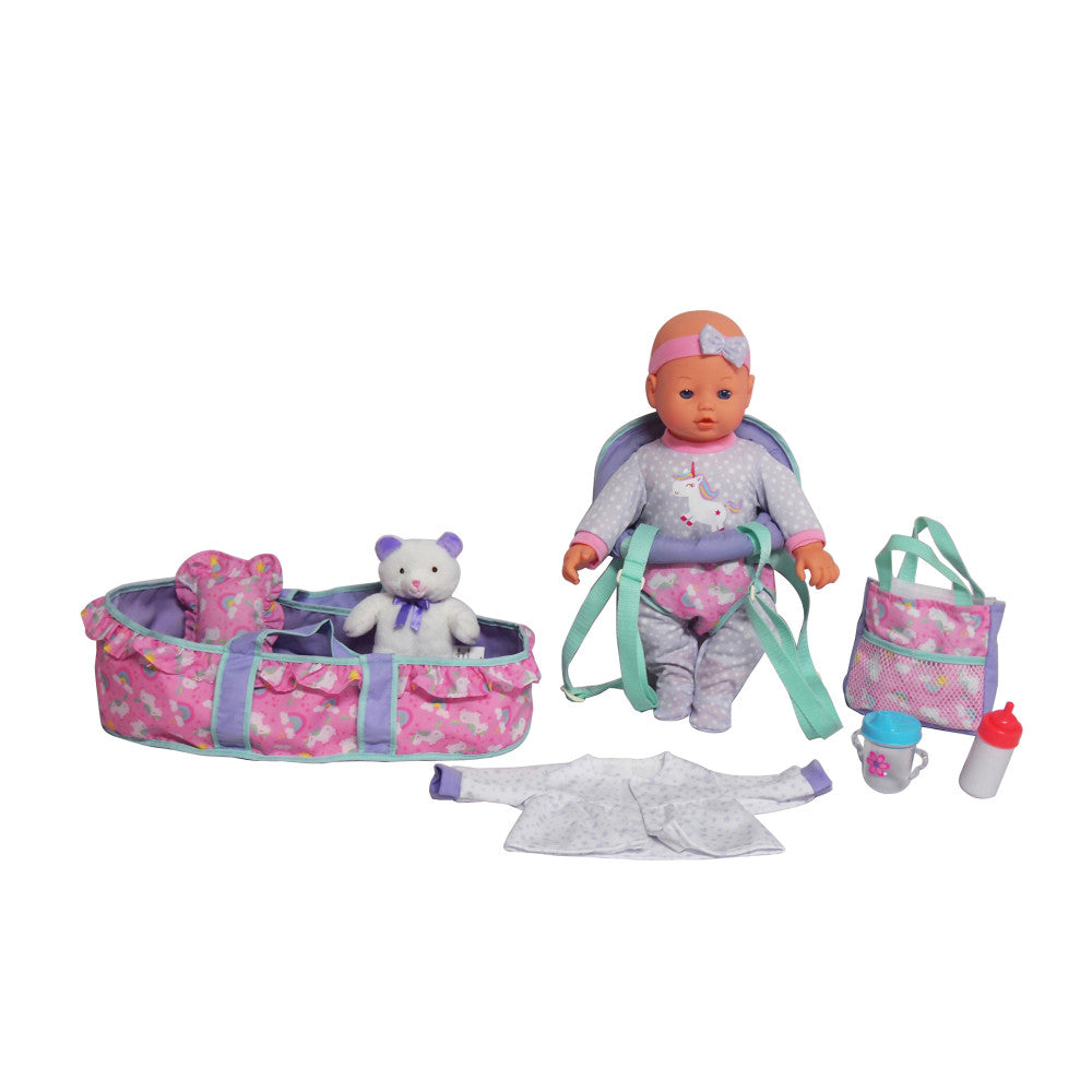 Dream Collection 16" Unicorn-Themed Baby Doll Travel Set - Blue