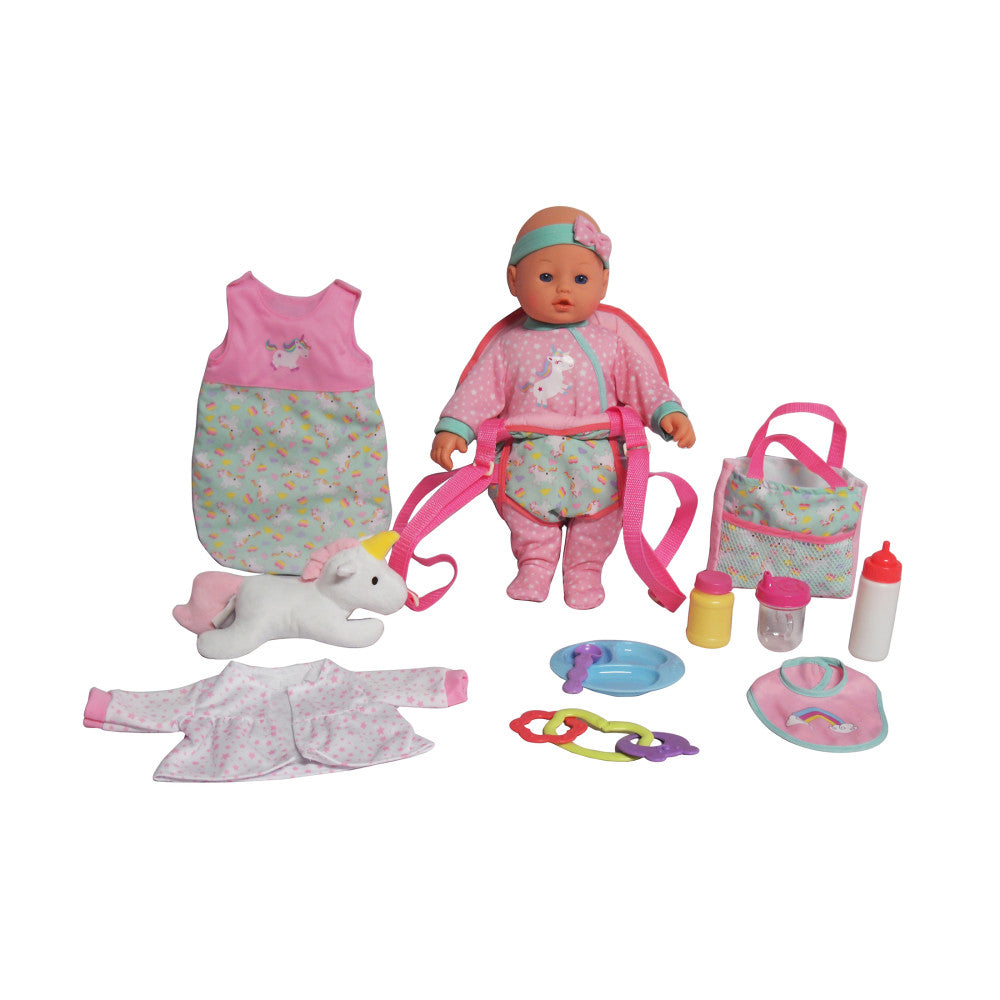 Toys R Us 16" Baby Doll Traveling Set with Plush Unicorn