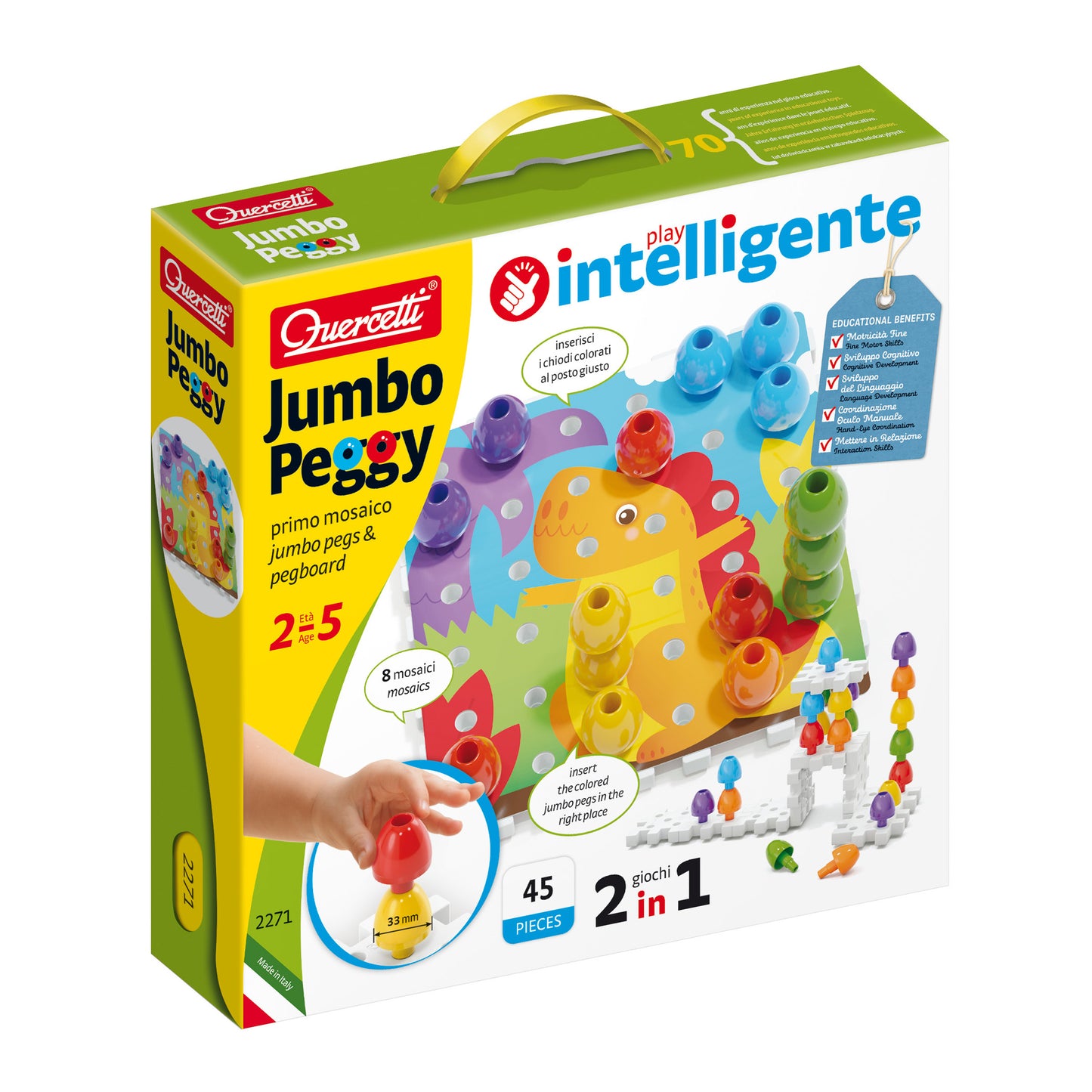 Quercetti Jumbo Peggy Medium - Colorful Stacking Peg Toy Set with Illustrated Cards