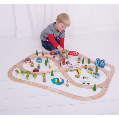 Bigjigs Toys Rail Town & Country 87-Piece Wooden Train Set