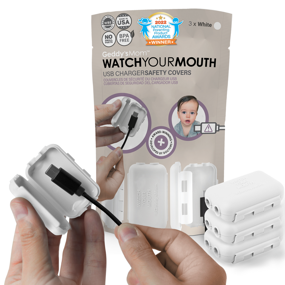 Geddy's Mom Watch Your Mouth - Baby Proofing USB Charger Safety Cover - White 3 Pack