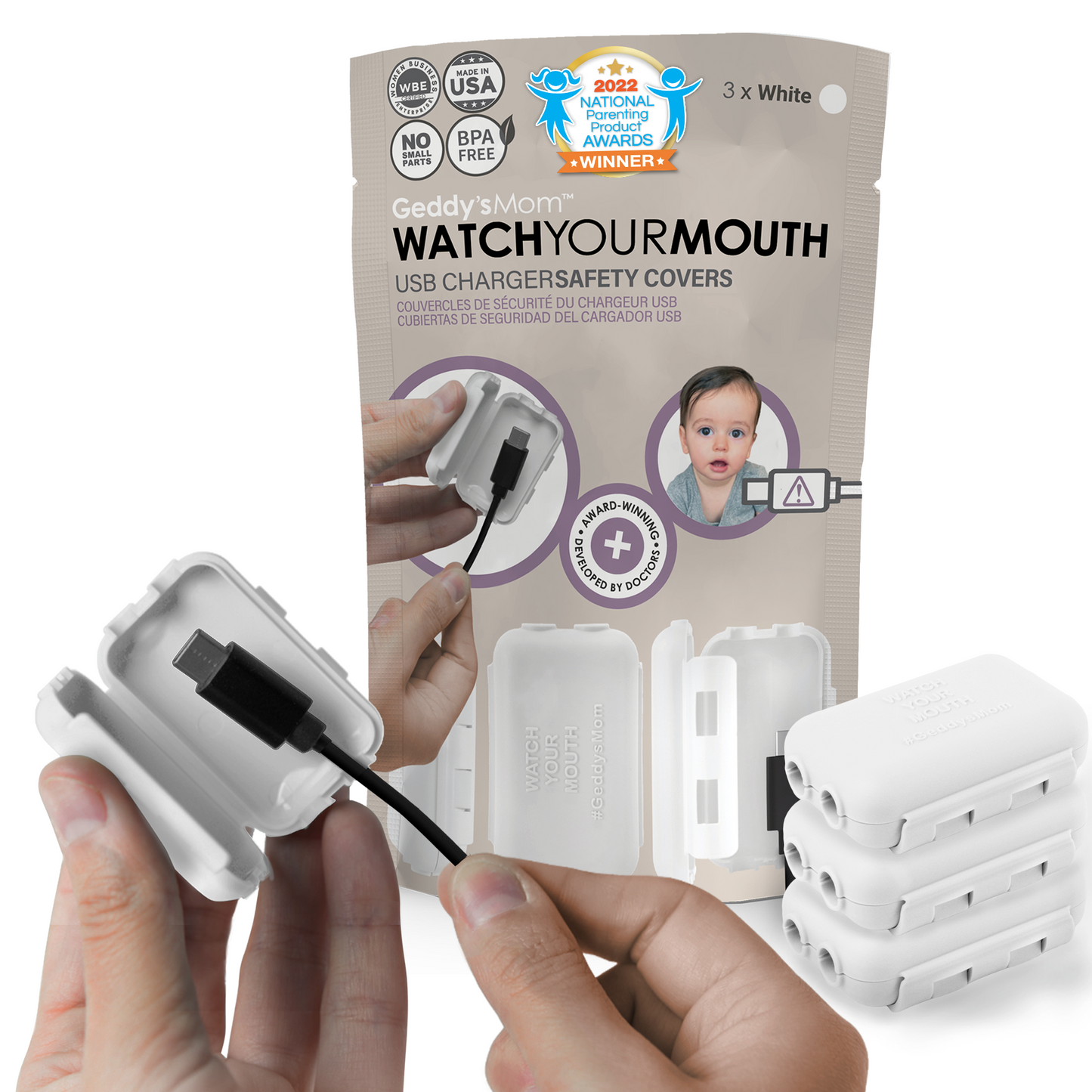 Geddy's Mom Watch Your Mouth - Baby Proofing USB Charger Safety Cover - White 3 Pack