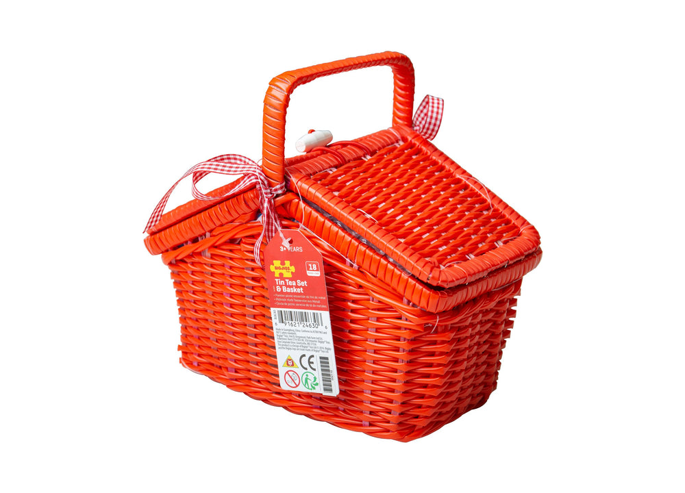 Bigjigs Spotted Tin Tea Set with Red Wicker Basket - 15 Pieces