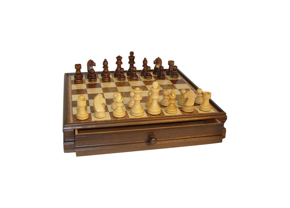 WorldWise Imports 15-inch Walnut and Maple Chess Set with Storage Drawer