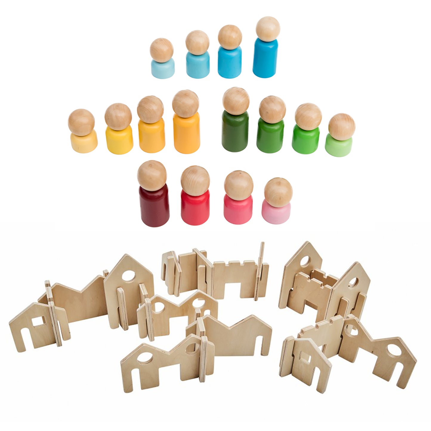 The Freckled Frog Rainbow Families & Architect Wooden Blocks Playset