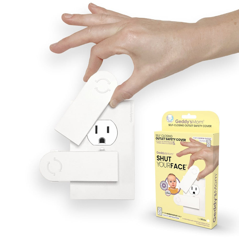 Geddy's Mom: Shut Your Face - White - Self-Closing Outlet Safety Cover