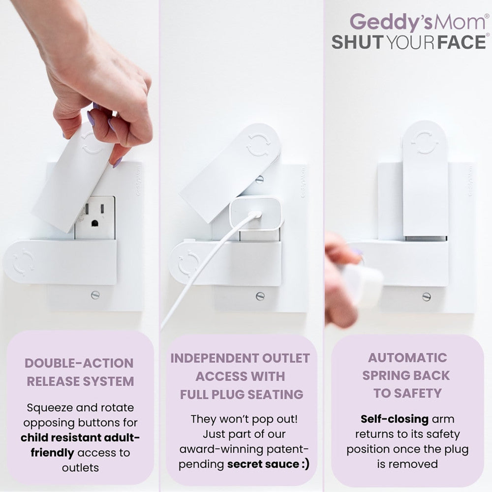 Geddy's Mom: Shut Your Face - White - Self-Closing Outlet Safety Cover