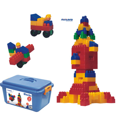 Miniland Educational 120-Piece Interlocking Plastic Blocks Set with Wheels