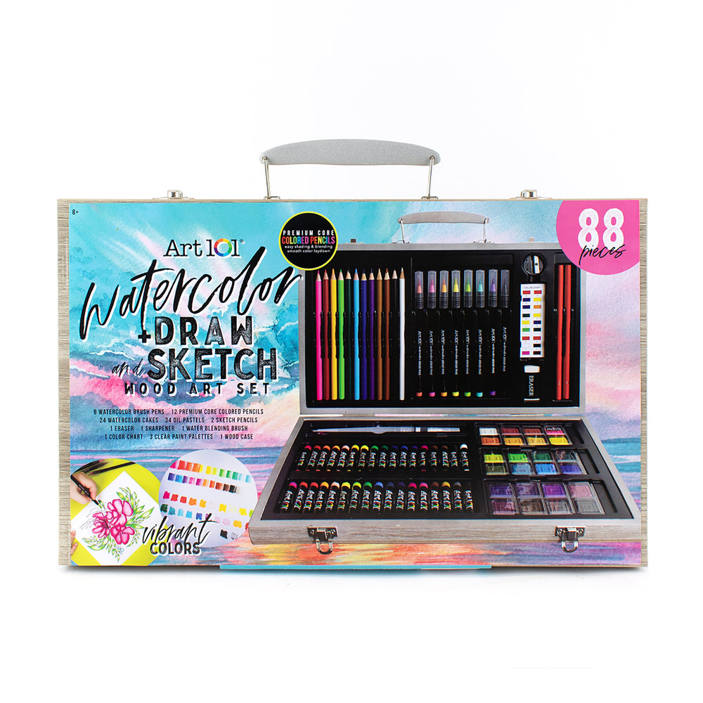 Art 101 Deluxe Wood Art Set - Watercolor, Draw & Sketch, 88 Pieces