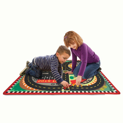 Melissa & Doug Speedway Race Track Rug with 4 Wooden Cars Set