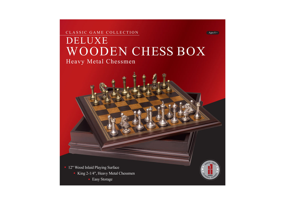 Deluxe Wooden Chess Set with Heavy Metal Chessmen and Storage Box