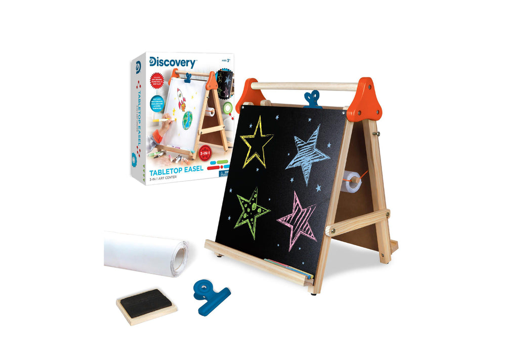 Discovery Kids 3-in-1 Tabletop Dry Erase Chalkboard Painting Art Easel, Wood Frame