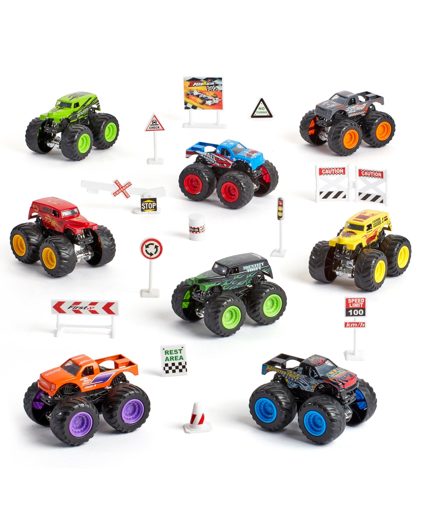 Toys R Us Exclusive 8-Pack Diecast Monster Truck Set with Road Accessories