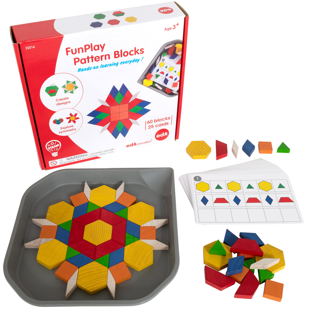 Edxeducation FunPlay Pattern Blocks - 60 Wooden Shapes & 50 Learning Activities with Tray