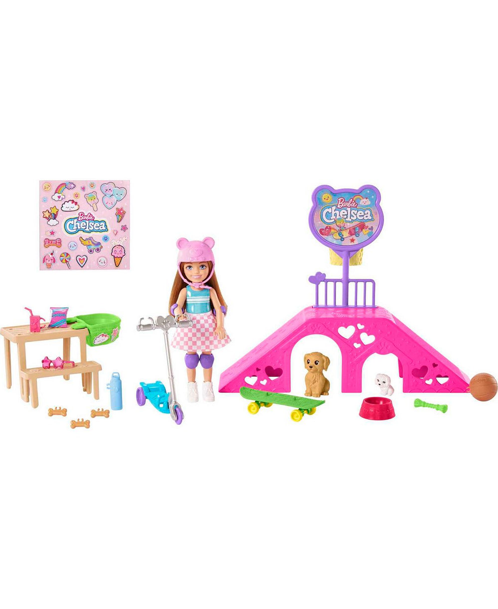 Barbie Chelsea Skatepark Playset with Doll, Scooter, and Pet Skateboard