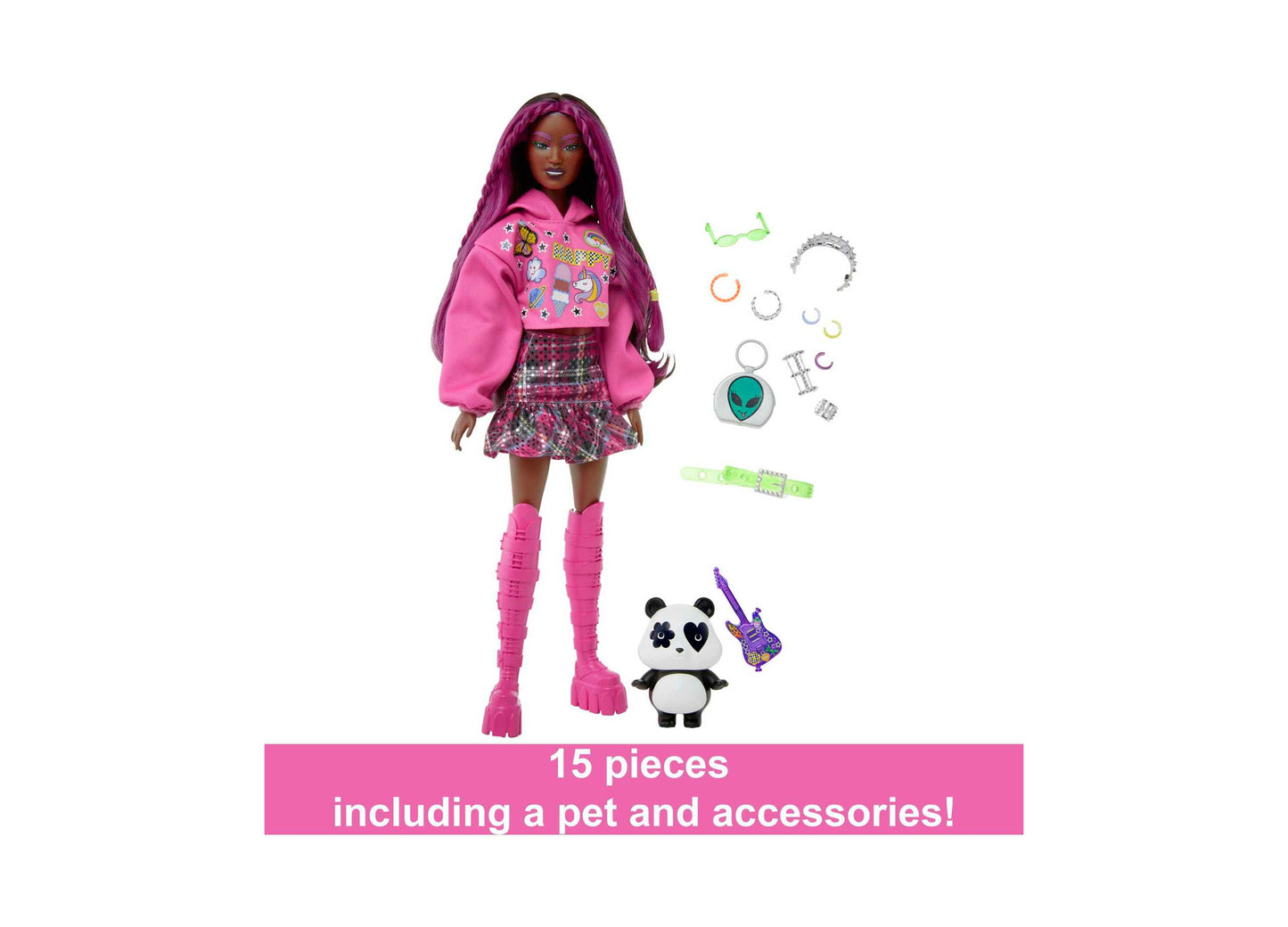 Barbie Extra Doll with Pink Hoodie and Plaid Skirt - Includes Pet Panda with Guitar