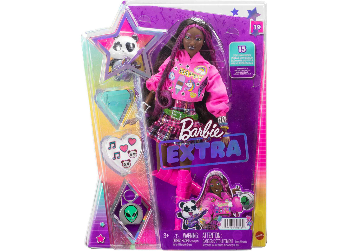 Barbie Extra Doll with Pink Hoodie and Plaid Skirt - Includes Pet Panda with Guitar