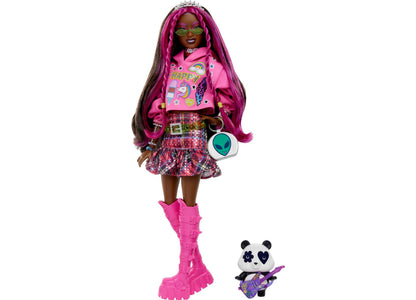 Barbie Extra Doll with Pink Hoodie and Plaid Skirt - Includes Pet Panda with Guitar