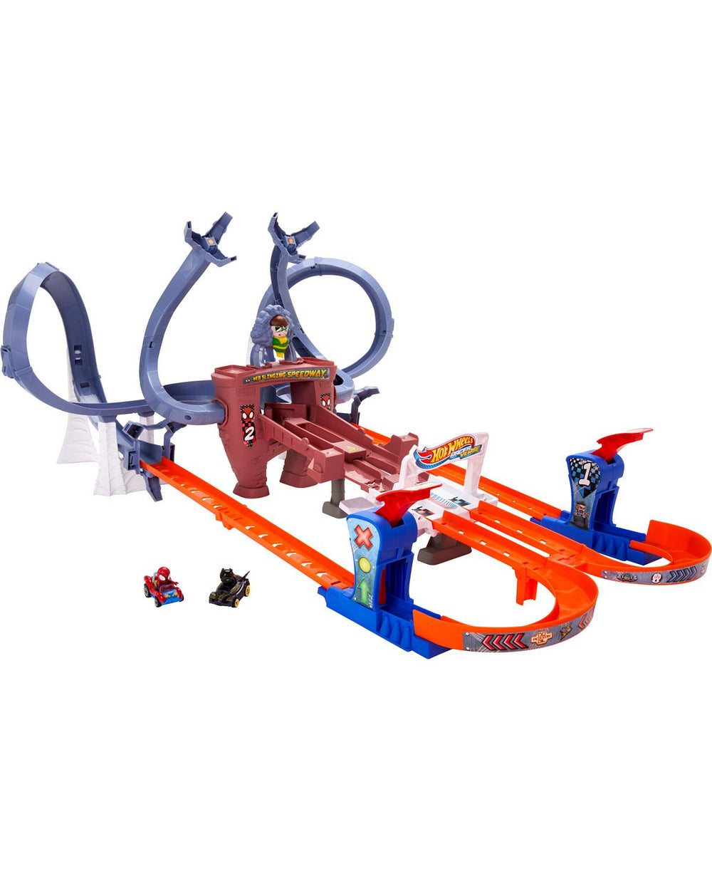 Hot Wheels RacerVerse Spider-Man Web-Slinging Speedway Track Set with Die-Cast Cars