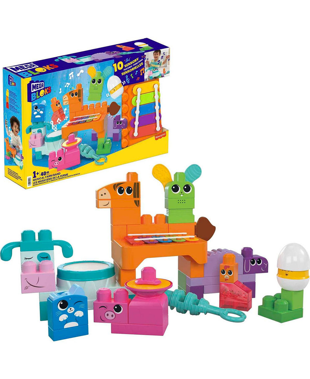 Mega Bloks Fisher-Price Musical Farm Band - Sensory Block Set for Toddlers, 45 Pieces