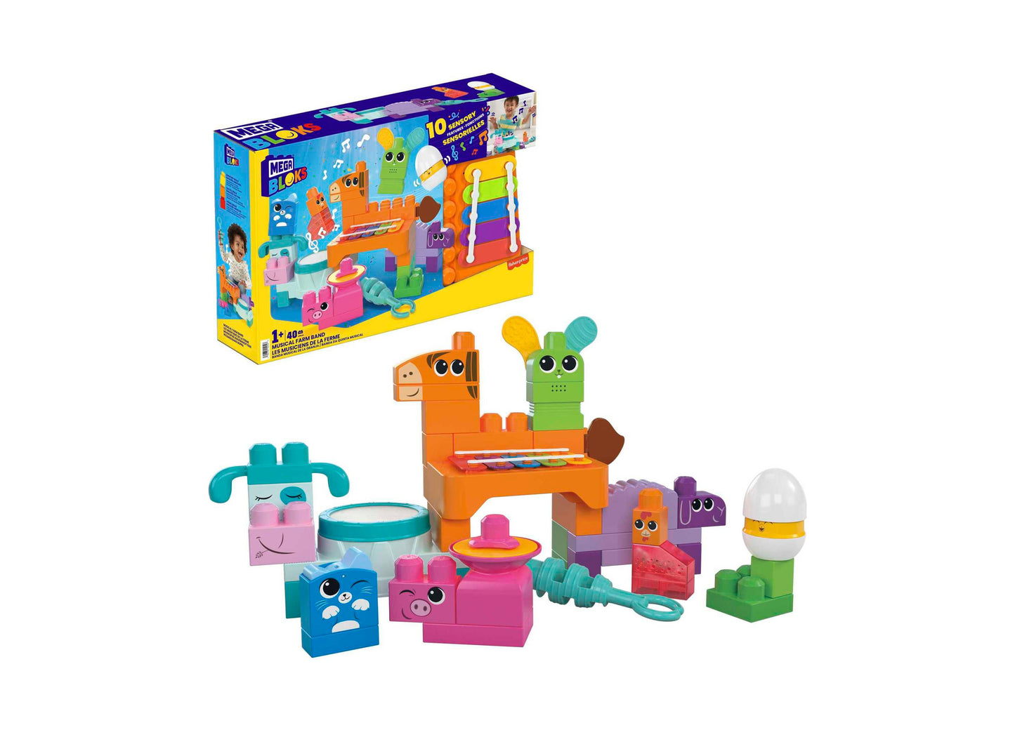 Mega Bloks Fisher-Price Musical Farm Band - Sensory Block Set for Toddlers, 45 Pieces