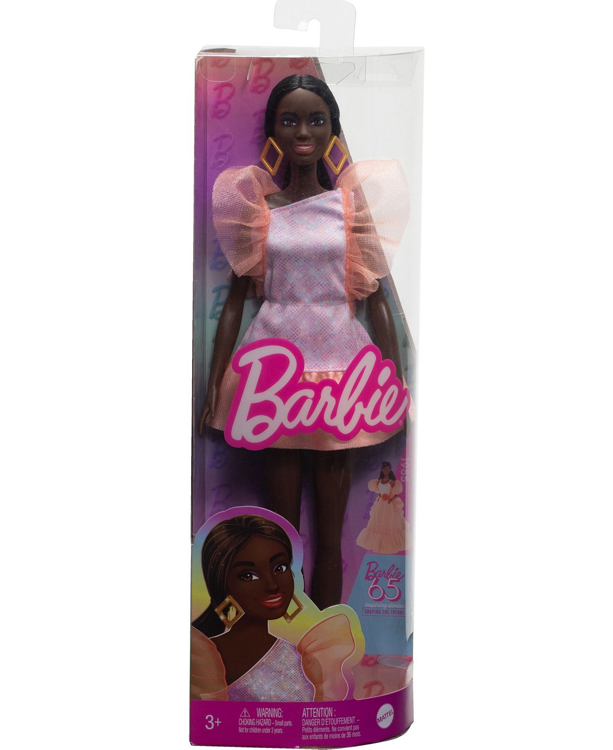 Barbie Fashionistas Doll 216 with Tall Body, Black Straight Hair and Peach Dress, 65th Anniversary