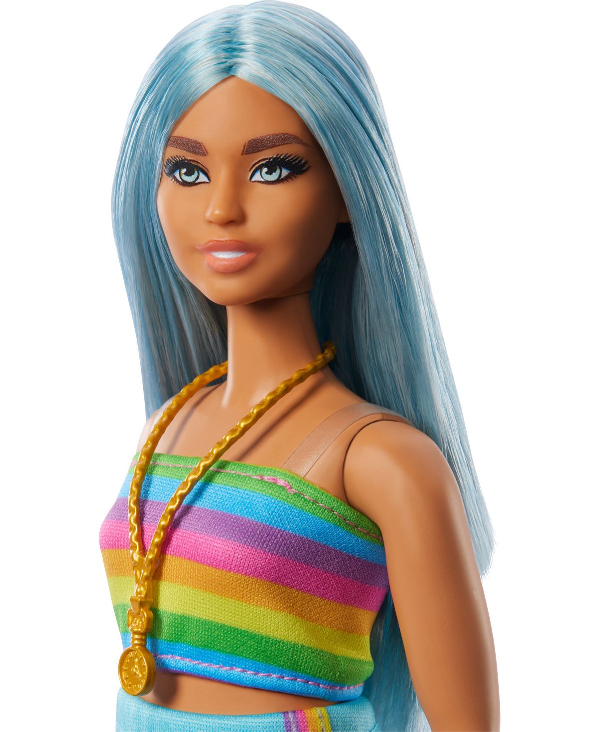 Barbie Fashionistas Doll 218 with Blue Hair, Rainbow Top and Teal Skirt, 65th Anniversary