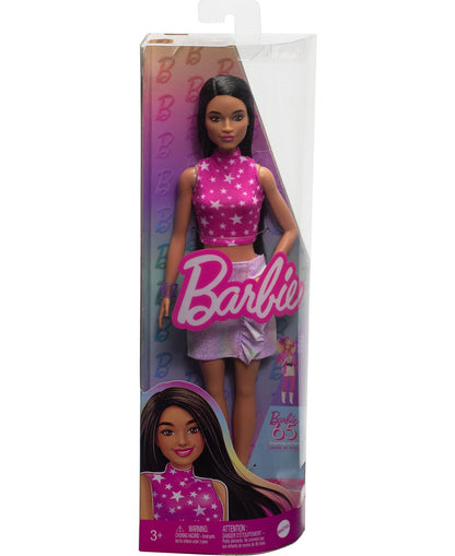 Barbie Fashionistas Doll 215 with Black Straight Hair and Iridescent Skirt, 65th Anniversary