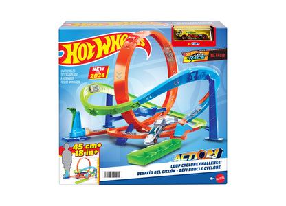 Hot Wheels Action Loop Cyclone Challenge Track Set with 1:64 Scale Toy Car, Easy Storage