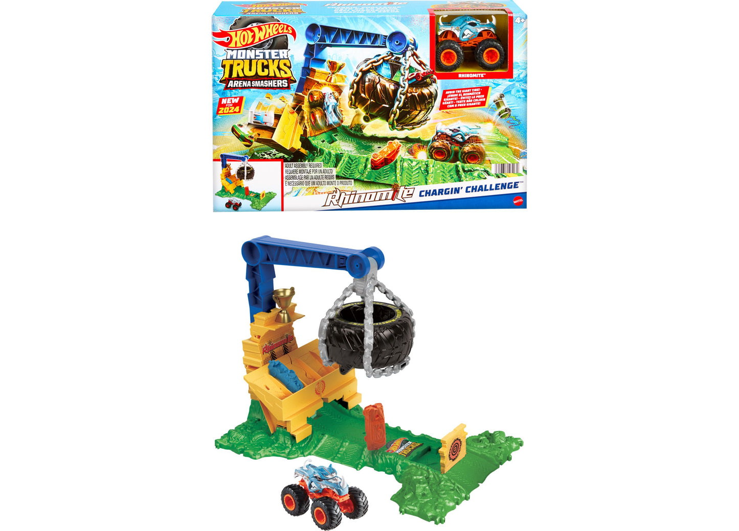 Hot Wheels Monster Trucks Rhinomite Chargin’ Challenge Playset with 1 Toy Truck and 2 Crushed Cars