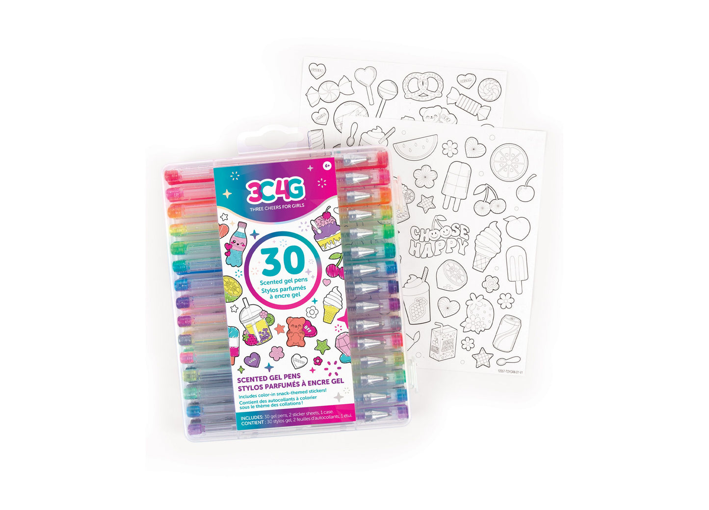 3C4G Vibrant Scented Gel Pens Kit with Snack-Themed Sticker Sheets, 30 Count - Assorted Colors