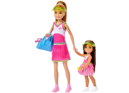 Barbie Stacie Chelsea Tennis Playset with 2 Dolls, Net 5+ Accessories, Moving Ball Action