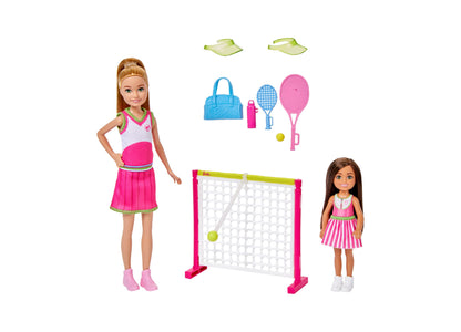 Barbie Stacie Chelsea Tennis Playset with 2 Dolls, Net 5+ Accessories, Moving Ball Action