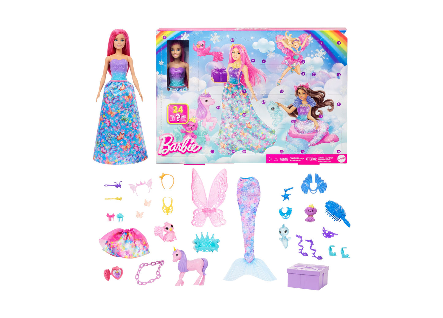 Barbie Advent Calendar, Fashion Doll 24 Surprise Accessories, Transform to Mermaid More