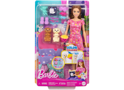 Barbie Doll Puppy Slumber Party Playset with 2 Toy Dog Figures, 10+ Accessories, Color-Change