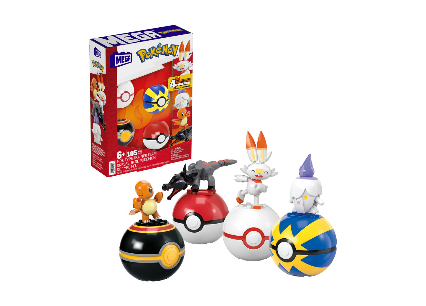 Pokemon MEGA Fire-Type Team Building Toy Kit, 4 Action Figures (105 Pieces) for Kids