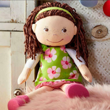 HABA Coco 12" Soft Doll with Brown Hair and Green Floral Dress