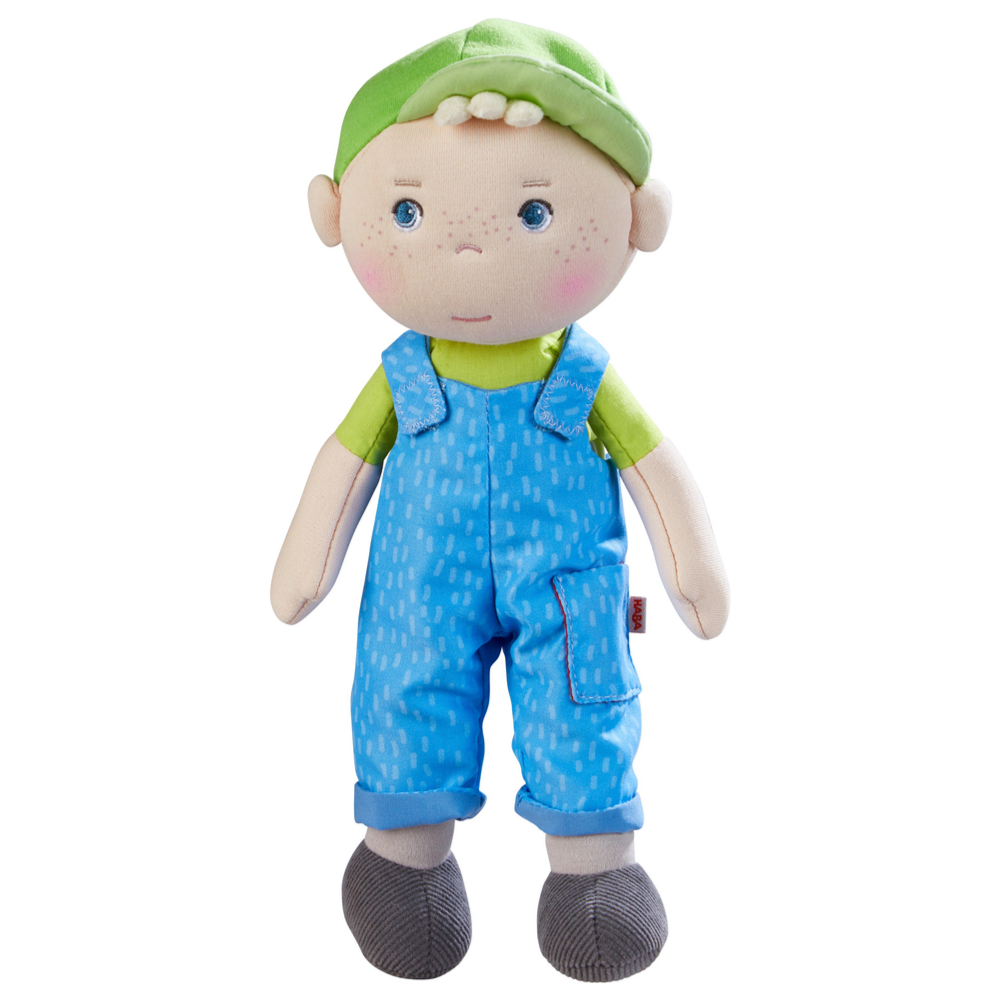 HABA Snug Up Doll Till - 10 inch Soft Toddler Doll with Blue Overalls
