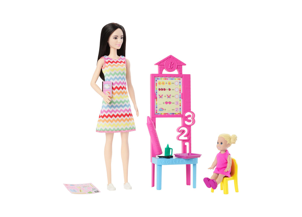 Barbie Teacher Doll Set with Blonde Fashion Doll, Toddler Student & Classroom Accessories