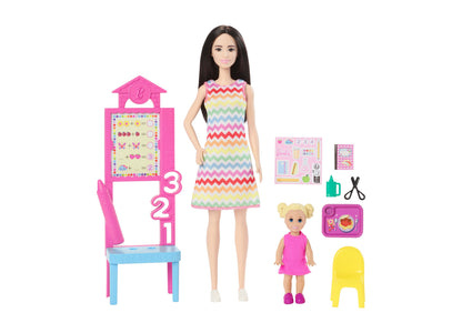 Barbie Teacher Doll Set with Blonde Fashion Doll, Toddler Student & Classroom Accessories