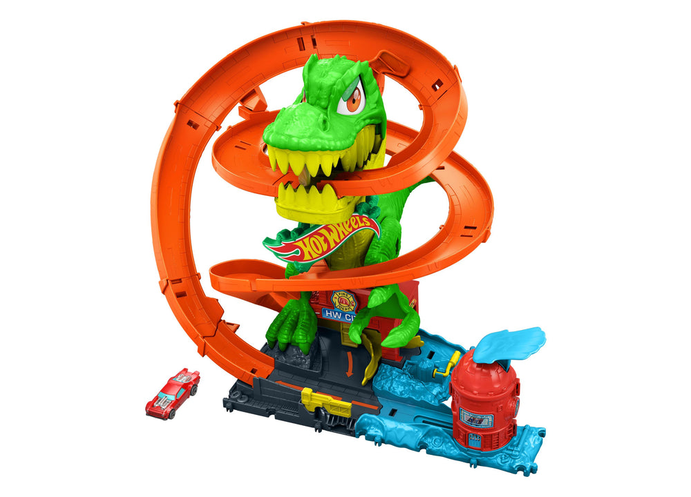 Hot Wheels City T-Rex Blaze Battle Playset with 1:64 Scale Die-Cast Vehicle